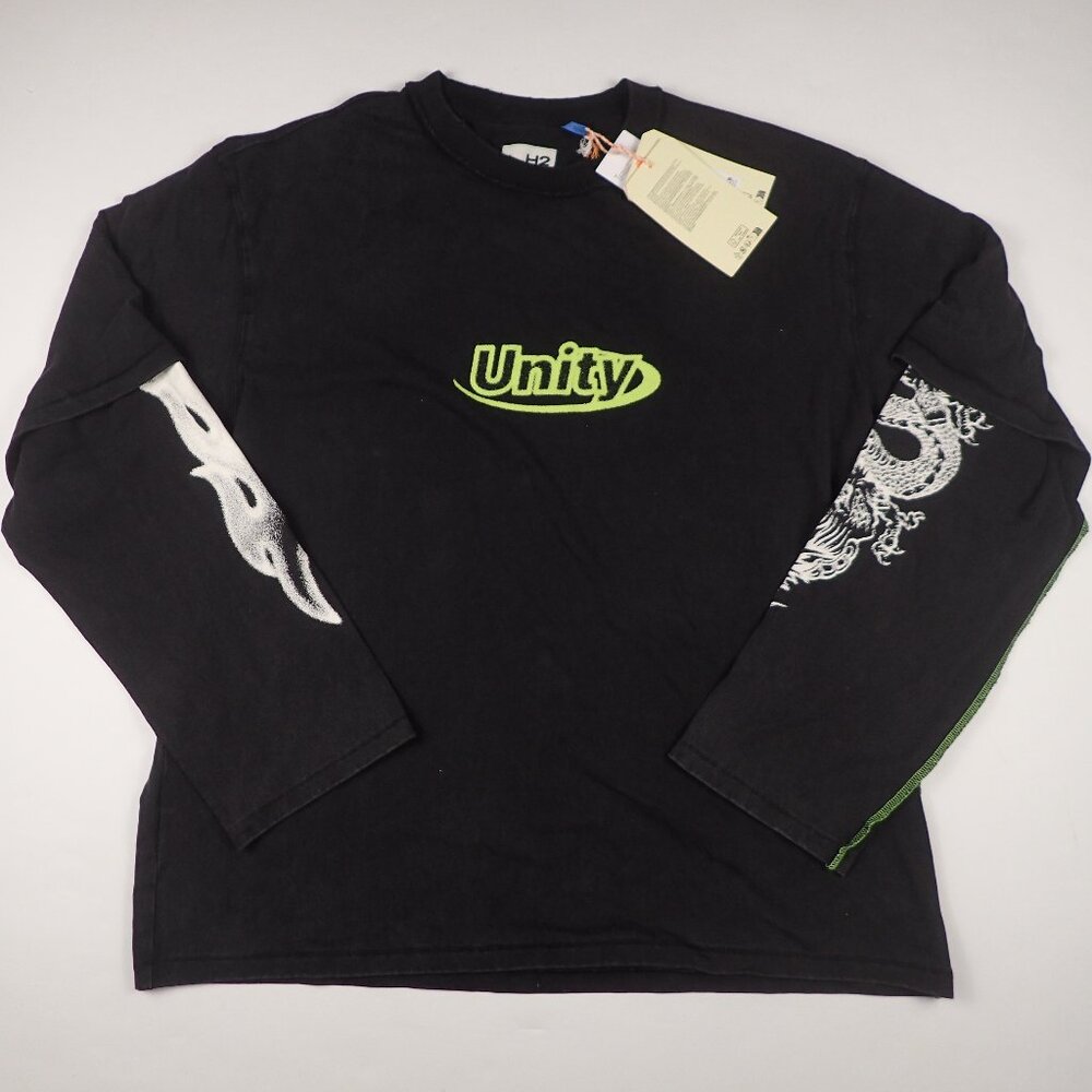 Heron Preston H2 Unity Shirt Mens Medium Black Long Sleeve Dragon Flame H&M